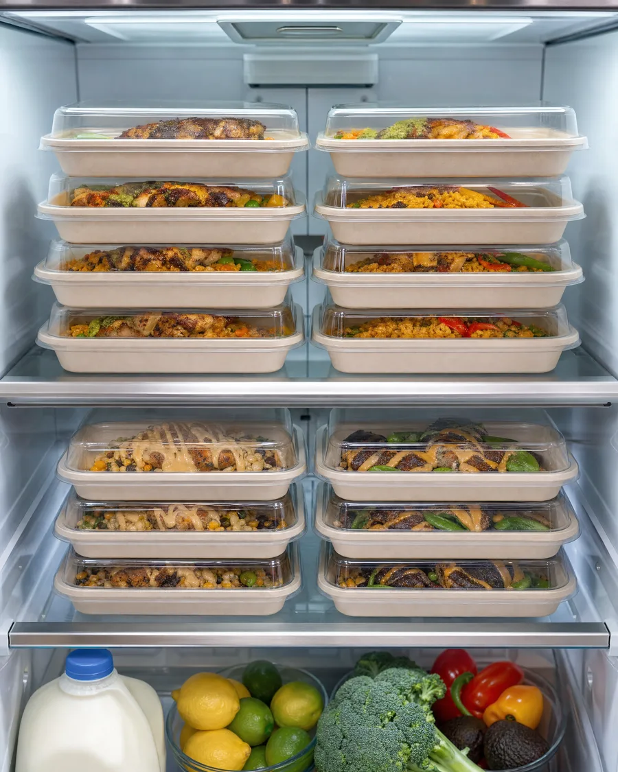 An open refrigerator with two shelves neatly stacked with sealed chef-cooked meal trays