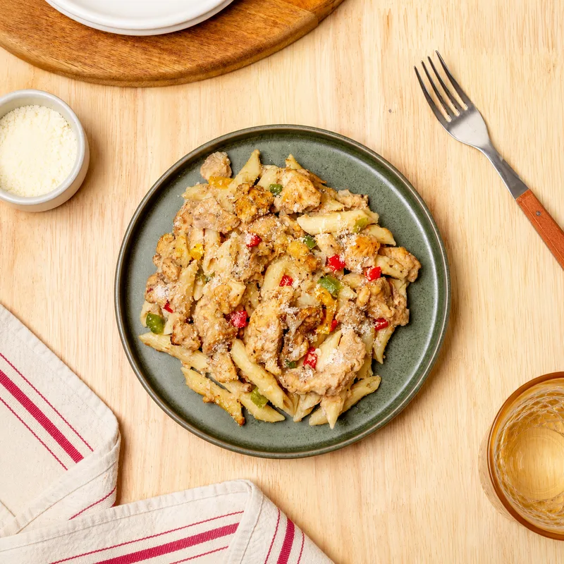 Jamaican Rasta Pasta: jerk-seasoned chicken in creamy sauce with penne and peppers