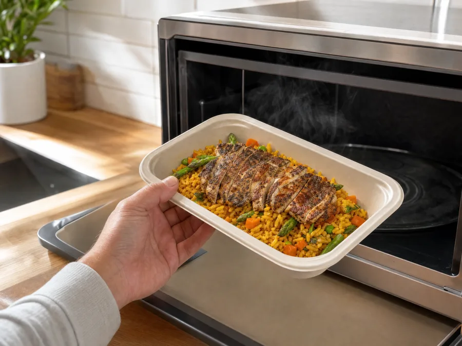 A hand lifting a steaming sealed meal tray of chicken and saffron rice out of a microwave