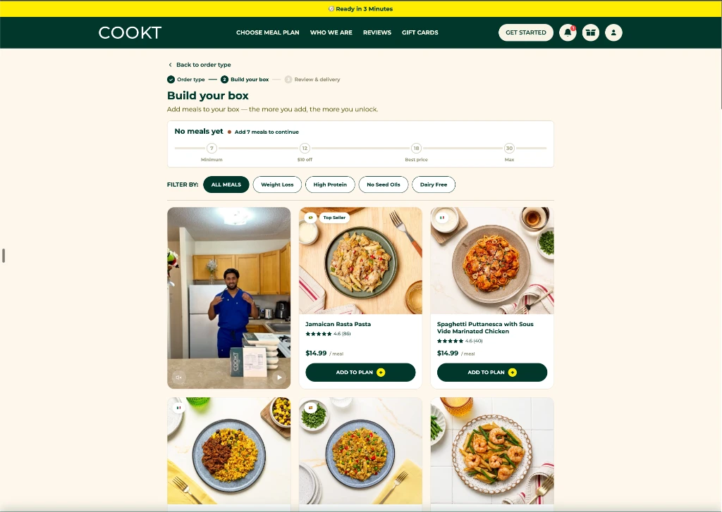 COOKT online meal builder interface showing meal selection and build your box screen